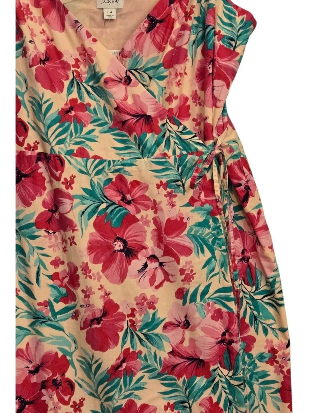 J. Crew Pink Floral Midi Wrap Dress Green Leaves Tropical Classic Size 14 NWT